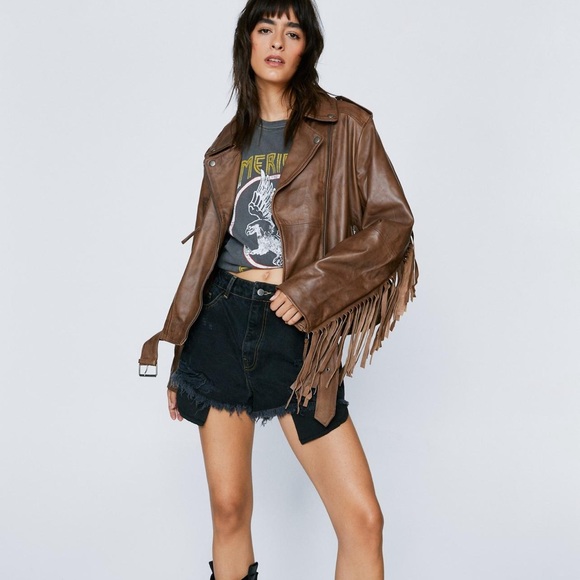 Leather belted fringe biker jacket - Picture 3 of 4